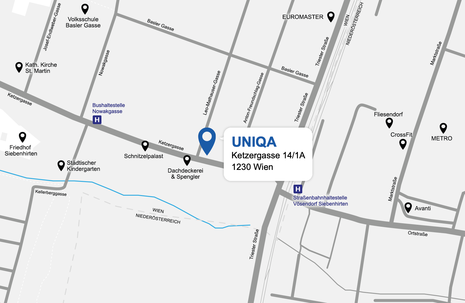 Eine detaillierte gezeichnete Karte der UNIQA Generalagentur Wien Süd
